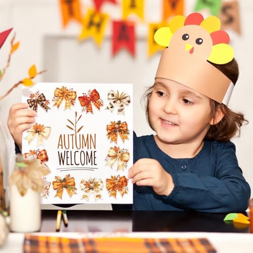 Whaline 1000 Pcs Fall Bow Stickers Roll Orange Pumpkin Plaid Leaves Bowknot Self-Adhesive Decals for Thanksgiving Autumn Scrapbook Journal Envelope Decor, 2 Rolls