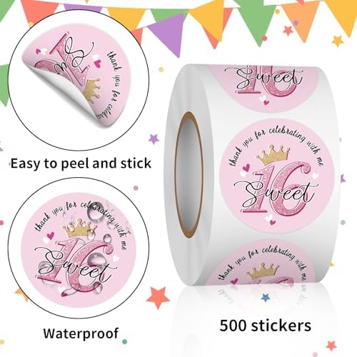 Heyfibro 500 PCS 1.5 Inch Thank You for Celebrating with Me Stickers for Birthday Party, Gift Packing, Envelope Sealing, Baby Shower(Sweet 16)