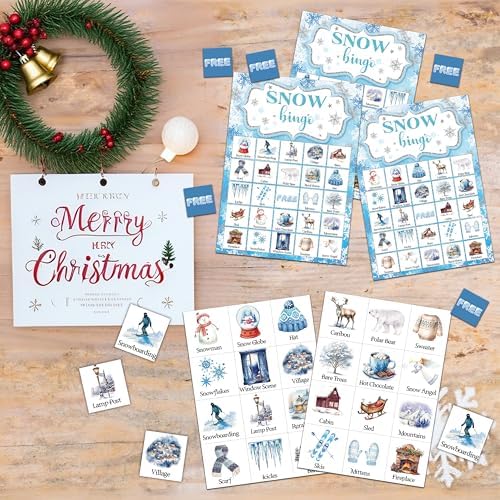 Snow Bingo Game, Christmas Party Games for Adults, Xmas Snowman Bingo Game Cards for Large Group Family Friends Activities, Winter Holiday Party Decor Supplies, 08