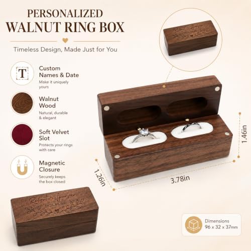 Personalized Wedding Ring Box Engraved with Name Date Text, Custom 2 Slot Wooden Ring Bearer Boxes for Ceremony Proposal Anniversary Engagement Gifts for Couples Bride Groom Him Her (Rectangle