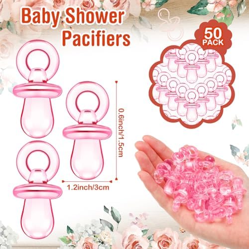 Thyle 51 Pcs Rustic Girl Baby Shower Game Floral Pacifier Hunt Sign and 50 Acrylic Pacifiers for a Sweet Little Girl Is on Her Way Baby Shower Decorations Floral Gender Reveal Pregnancy Party Supplies