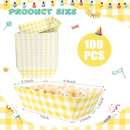 100 Pcs Yellow Gingham Paper Food Trays, Pre-Folded Yellow Checkered Disposable Food Boats for Hot Dogs, Fries, Nachos, Snacks, Carnival, Picnic, Baby Shower, Rustic Wedding, BBQ Party Supplies