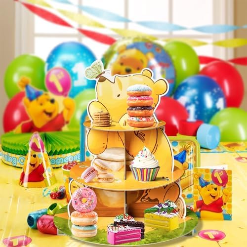 Winnie Theme Cupcake Stand - 3 Tier Winnie Party Dessert Holder, Cute Winnie Cardboard Cake Stand for Birthday Party Decorations, Winnie Cupcake Display for Kids Baby Shower Supplies