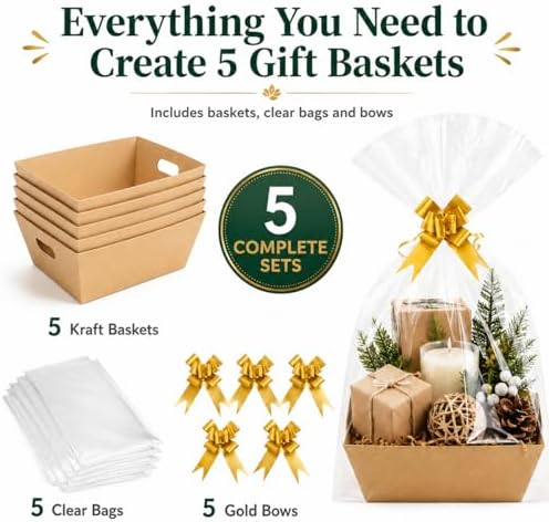 CDIVEFTN Kraft Empty Gift Baskets, 5 Pack 12x10 in with Bags and Bows