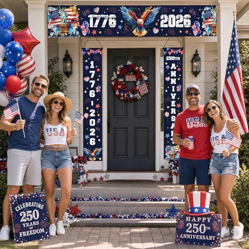 250th Anniversary America Banner, 1776-2026 USA 250 Years Patriotic Eagle Patio Banner, Memorial Day 4th of July Door Cover for Home Outdoor Indoor Decor Supplies