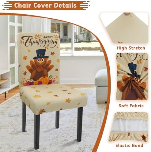 Thanksgiving Chair Covers Set of 4 Cute Turkey Stretch Parsons Slipcovers