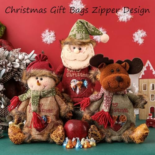 Yrcasu Christmas Gift Bags Zipper Design, Large Capacity Christmas Gift Bags, Reusable Christmass Gift Storage Bags - 3 Shapes (Snowman, Santa, Elk) for Chritmas Party Decor Candy and Gift (3Pcs B)