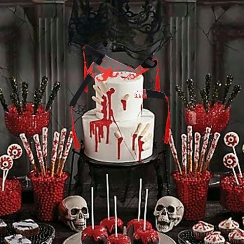 4 PCS Halloween Blood Knife Cake Toppers Acrylic Horror Halloween Cake Decorations Have a Killer Birthday Decorations for Blood Knife Theme Scary Killer Birthday Party Cake Decorations Supplies
