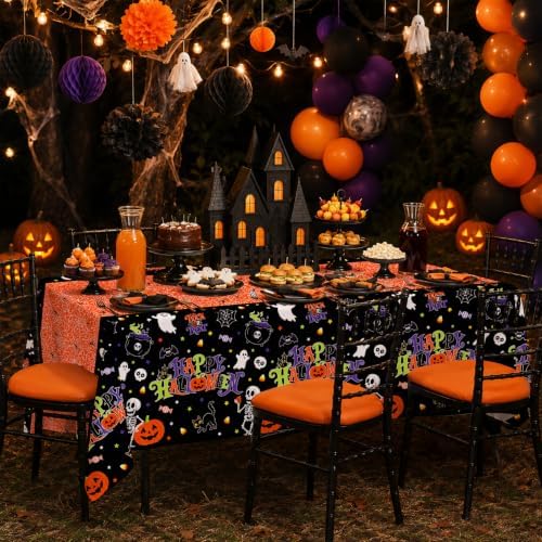 2 Pack Halloween Tablecloth, 54 x 108 Inch Disposable Plastic Table Cover, Orange Halloween Party Decorations for Halloween Decor