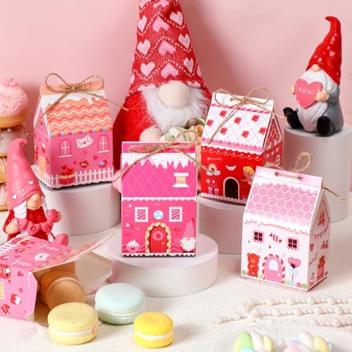 Zhanmai 48 Pcs Valentine's Day Treat Boxes Candy Mini Red Pink Heart House Favor Box Valentine's Day Party Paperboard Gift Boxes for Holiday Party Treat Cookie Goodie Snack Gift Packaging