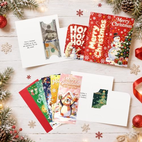 24 Pack Christmas Money Card Holders, 6 Unique Festive Xmas Designs Snowman Polar Bear Santa Reindeer Tree Cash Gift Cards, Includes Envelopes & Stickers, Xmas Cash Check Gift Card Holders for Holiday Present