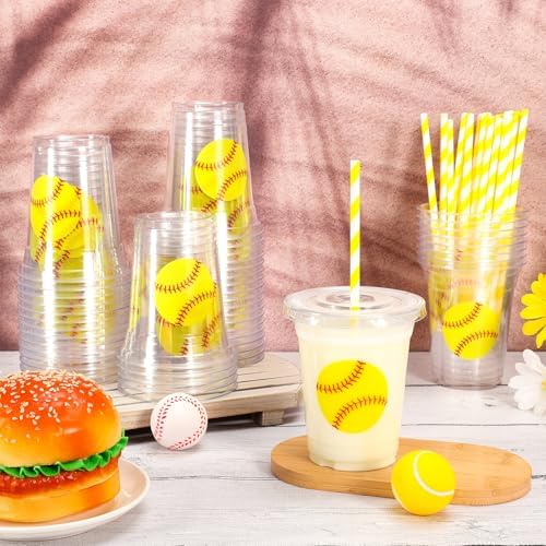 Whaline 50Pcs 12Oz Softball Disposable Plastic Cups with Lids and Straws Cute Softball Cold Beverage Drinking Cups for Sports Theme Birthday Party Supplies