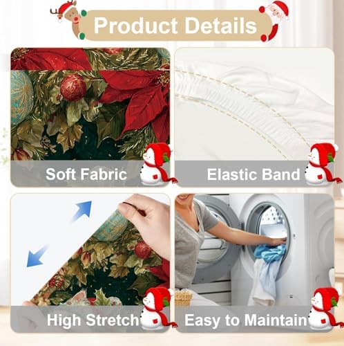 Christmas Chair Covers Set of 4, Cute Cat Dining Chair Slipcovers with Poinsettia, Pinecones, and Ornaments, Stretchable Holiday Chair Protectors