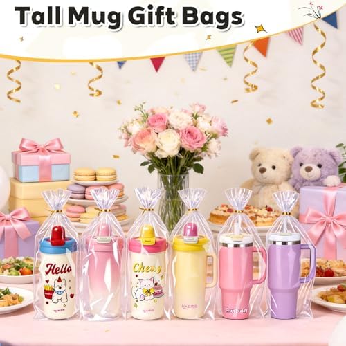 PigPotParty Cellophane Gift Bags 8x14 Inch, 100 Pack, Clear Goodie Bags