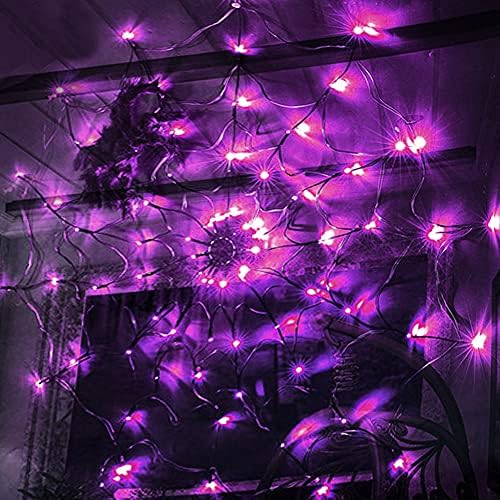 FUNPENY Halloween 80 LED Spider Web Lights with Spider, Battery Powered 8 Modes Light up Cobweb Halloween Decorations for Indoor Ourdoor Garden Yard Home Patio (Purple)
