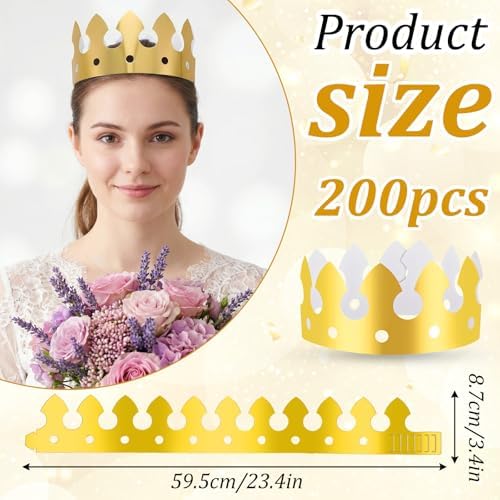 200pcs Gold Paper Crowns Bulk,Classic Style King Crown Princess Hats