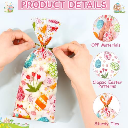 100 Pcs Easter Cellophane Treat Bags - 5 x 11 Inch Clear Easter Goodie Bags with 110 Gold Ties for Cookies, Snacks, Party Favors & Gift Packaging, 2.8 Mil Thick Plastic Easter Candy Bag for Kids