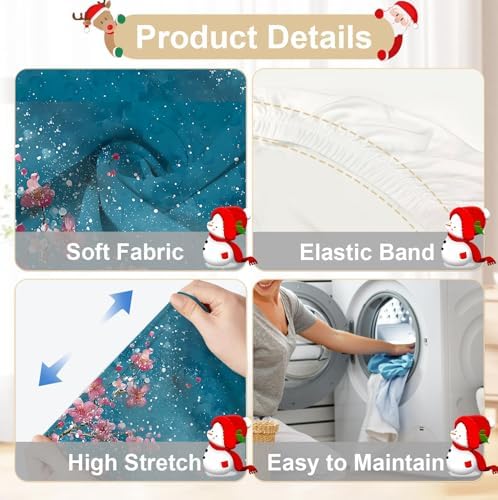 Snowman Chair Covers Set of 4, Stretchable Dining Chair Slipcovers with Pink Cherry Blossoms for Christmas Holiday Décor