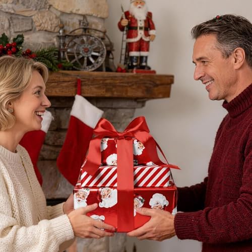 LaRibbons Vintage Santa Foil Christmas Wrapping Paper Jumbo with Red Stripe