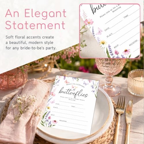 Bridal Shower Invitations, 25 Wildflower Wedding Shower Invites with Envelopes, 5x7 Butterfly Bride to Be Engagement Party Supplies - A06