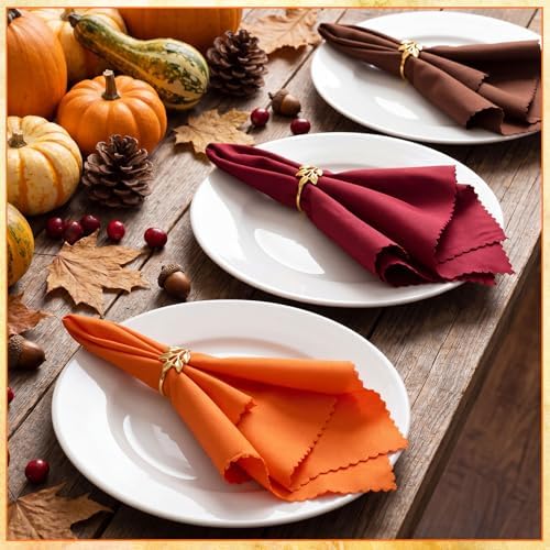 LemonRoad 36 Pcs Cloth Napkins and Napkin Ring Holders, Reusable Fabric for Table Decor Banquet Holiday Dinner Party Supply(Orange, Burgundy, Coffee，Gold,Fall)