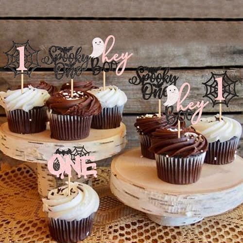 Ercadio 24Pcs Pink Spooky One Halloween Cupcake Toppers Ghost Spider Webs Cupcake Picks for Halloween Party Decorations Black Pink Halloween Girls Spooky One Birthday Cupcake Decorations