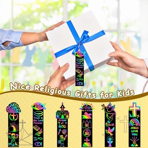 AUGSUN 96Pcs Religious Easter Scratch Bookmarks Christian Crafts for Kids