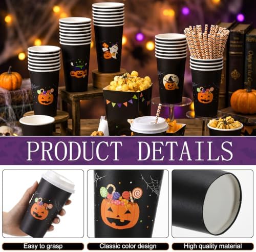 Bokon 172 Pcs/ 24 Sets of Halloween Movie Night Snack Trays Trick or Treat Summer Halloween 3 Sizes Snack Popcorn Boxes, 16 oz Disposable Drinks Cups, 50 Straws, Sealing Stickers for Party Decoration