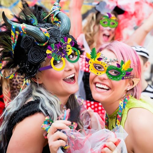 Threan 48 Pcs Mardi Gras Paper Eyeglasses Party Decor Garland Crown Mask Costume Photo Booth for New Orleans Favor Decor