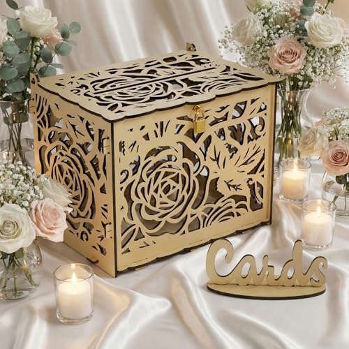 Jolik DIY Wedding Card Box, Large Rustic Locking Money Box Holder for Wedding Reception, Gift Card & Envelope Storage, Anniversary & Birthday Party Decoration, Bridal or Baby Showers (Yellow)