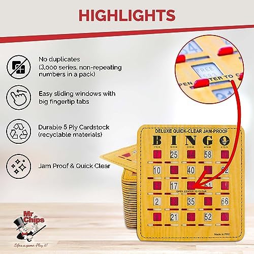 MR CHIPS Jam-Proof Bingo Cards with Sliding Windows, 50 Reusable Shutter Cards, 75 Calling Cards 1 Master Board in Woodgrain Style