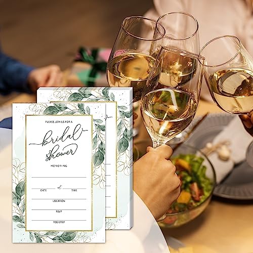 WwongxianB Set of 25 Bridal Shower Eucalyptus Invitations with Envelopes, Greenery Invites for Bridal Shower, Wedding Party Invitations, Fill in Style Invites Cards -012