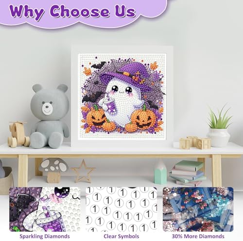 Halloween Ghost Diamond Art Painting Kits for Kids with Frame, Diamond Painting Kits for Kids Ages 4-8-12, Easy Gem Arts and Crafts Gift for Girls Boys Adult Beginners Home Wall Decor(7x7inch)
