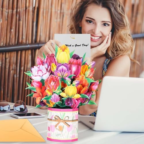 4 Pack Paper Flower Pop Up Cards, Flower Birthday Card Popup 3D Greeting Gift Cards for Mother's Day, Graduation, Anniversary, Get Well, Thank you Cards for All Occasions with Envelope and Note