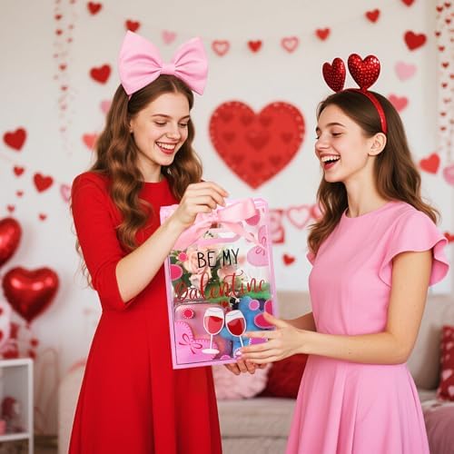 Capoda 24 Pack Galentine's Day Gift Bags with Handles - Large Pink and Red Valentine Party Favor Bags - Reusable Plastic Goody Bag for Girls Night & Ladies Celebration
