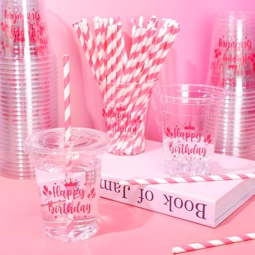 Whaline 50 Pcs 12 Oz Happy Birthday Disposable Plastic Cups with Lids and Straws Hot Pink Cold Beverage Drinking Cups for Home Kitchen Birthday Party Supplies
