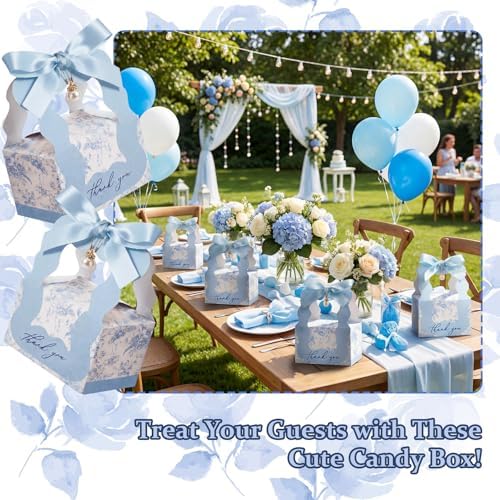 ForraFun 50 Sets Floral Wedding Favor Boxes with Pearl Pendant Bow, Blue