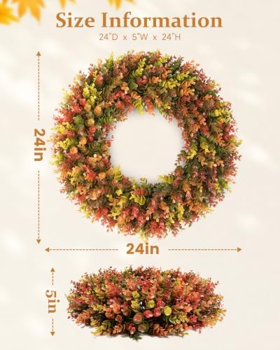 DDHS 24" Fall Wreath for Front Door，Artificial Boxwood Autumn Wreath