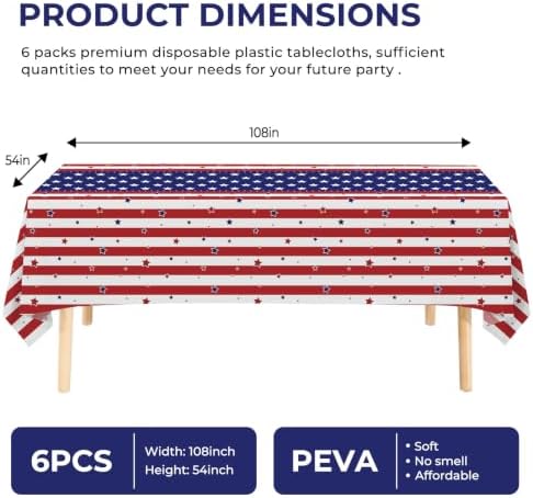 6 Pack American Flag Tablecloth, 4th of July Patriotic Table Cover (54"x108") Disposable Plastic Table Cloth, Decorations for Veterans Day, Patriotic, Memorial, Fourth of July, Independence