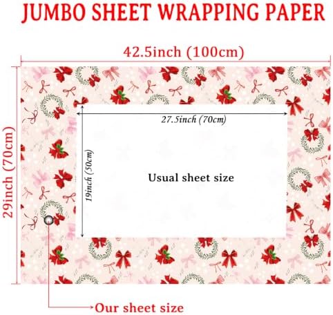 Cuitpan Pink Christmas Bow Wrapping Paper - 4 Jumbo Sheets, 28 * 40 Inches - Xmas Gift Wrap with Festive Ribbon Bow & Mini Wreath Pattern, Cute Holiday Gift for Women, Girls & Children