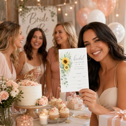 Sunflower Bridal Shower Invitations, Fill In Style Invites With Envelopes for Fall Wedding Reception, Fall Floral Bridal Shower Invitations, Bride To Be Double-Sided Invite Cards, 4 x 6 Inch Set of 25