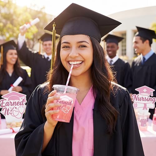 Jingmore 50 Sets Nurse Graduation Plastic Cups with Lids and Straws Cute Disposable Cold Beverage Drinking Cups for Birthday Party Decorations Supplies