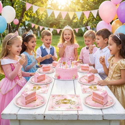 40Pcs Princess Birthday Party Decorations,Pink Princess Castle Birthday Themed Tableware Includes Paper Plates,Napkins Set for Kids Girls Baby Shower Fairy Tale1st Party Decorations,Serves 20