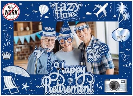 Retirement Party Photo Booth Props Kit - 37pcs Paper Photo Props 1 Frame Glitter Retirement Party Decorations for Retiree Celebration, Farewell Office Party Supplies (Blue and Silver)