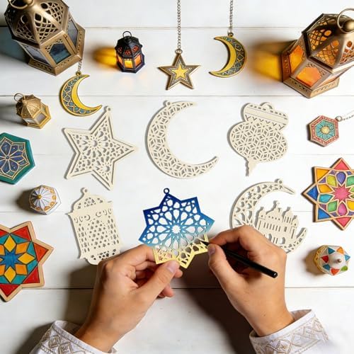36PCS Wooden Ramadan Decorations Eid Islam Mubarak Ornaments Mubarak Hanging Hollow Pendant to Paint, DIY Blank Unfinished Wood Moon Cutouts Crafts Hanging Al Adha Star Lantern for Muslim Festive