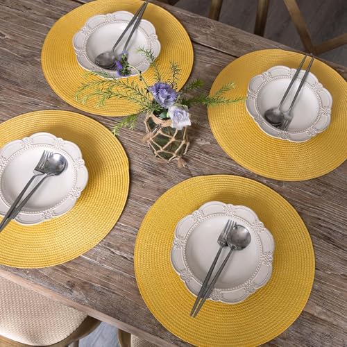 FunWheat Round Braided Placemats Set of 6 Table Mats for Dining Tables Woven Washable Non-Slip Place mats 15inch for Spring(Yellow, 6pcs)