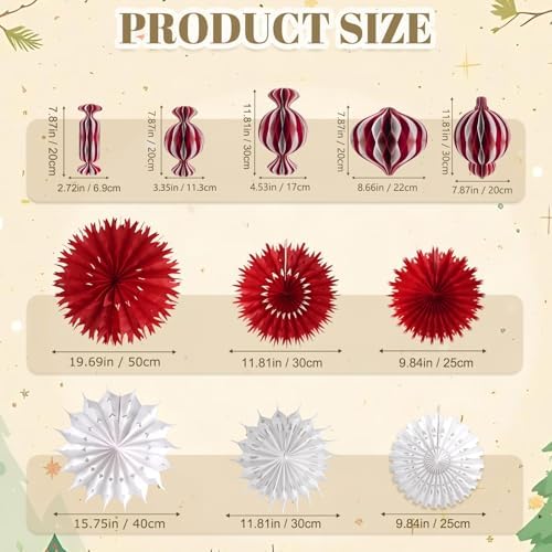 Red and White Christmas Decorations Set, 11Pcs 3D Candy Paper Honeycomb Ornaments Paper Snowflake Fans, Decorative Hanging Lantern Ornaments for Xmas Tree Winter New Year Holiday Party Home Decor