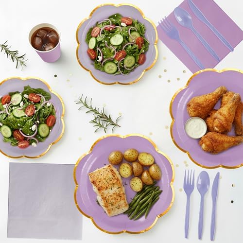 168Pcs Purple Paper Plates and Napkins Party Supplies for 24 Guests