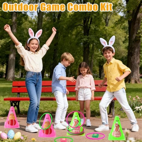 4 in 1 Easter Outdoor Games for Kids and Family, Easter Party Game with Ring Toss, Plastic Cones, Bean Bags, 3-Legged Race Bands, Carnival Spring Games Activities Combo Set for Adult Yard Classroom