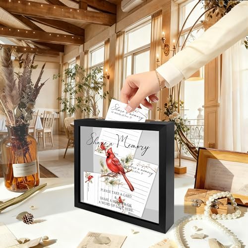 Red Cardinal Funeral Memory Card Box with Acrylic Window, 20 Pcs Memory Cards, for Sympathy Condolence Messages, Remembrance Table Decor, for Sympathy Memorial Gift, 8 x 8 in